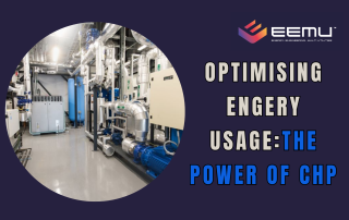 OPTIMISING ENERGY USAGE:THE POWER OF CHP EEMU LOGO PICTURE OF CHP UNIT PURPLE BACKGROUND