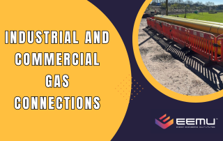 INDUSTRIAL AND COMMERCIAL GAS CONNECTIONS EEMU LOGO YELLOW AND PURPLE BACKGROUND PICTURE OF GAS PIPES SURROUNDED BY BARRIERS