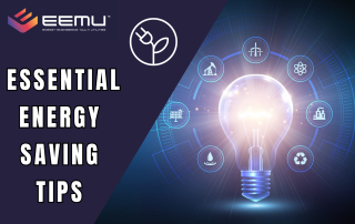 EEMU LOGO ESSENTIAL ENERGY SAVING TIPS PICTURE OF BULB PICTURE OF PLUG PLANT PURPLE AND BLUE BACKGROUND