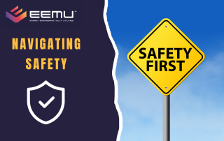 NAVIGATING SAFETY EEMU LOGO SAFETY FIRST PICTURE SIGN YELLOW PURPLE BACKGROUND PICTURE OF WHITE SAFETY BADGE