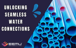 UNLOCKING SEAMLESS WATER CONNECTIONS EEMU LOGO PURPLE BACKGROUND PICTURE OF BLUE WATER PIPES AND SPLASH OF WATER
