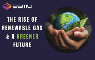 THE RISE OF RENEWABLE GAS AND A GREENER FUTURE EEMU LOGO PURPLE BACKGROUND PICTURE OF HANDS HOLDING THE GREEN GLOBE