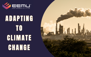 ADAPTING TO CLIMATE CHANGE EEMU LOGO PURPLE BACKGROUND PICTURE OF SMOKE FROM FACTORIES