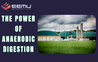 THE POWER OF ANAEROBIC DIGESTION EEMU LOGO PURPLE BACKGROUND PICTURE OF ANAEROBIC DIGESTION/BIOMETHANE PLANT