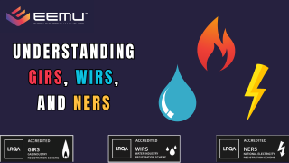 Understanding GIRS, WIRS, and NERS EEMU LOGO PURPLE BACKGROUND PICTURES OF GAS FLAME, WATER DROPLET, ELECTRIC STRIKE AND THE GAS WATER AND ELECTRIC LRQA ACCREDIATIONS